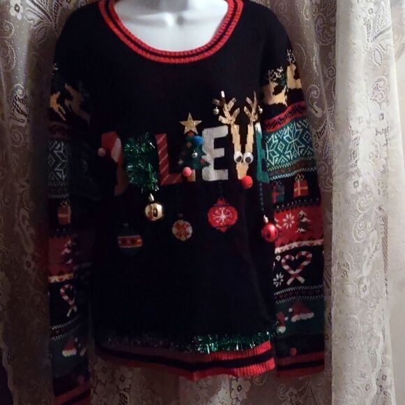 No Boundaries Size 15-17 Ugly Christmas Black Sweater‎ Bells Rudolph Santa Hats - Picture 1 of 9